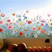1 buc. Autocolant folie de plastic pentru ferestre cu model floral în stil grădină - Finisaj semi-mat autoadeziv, față-verso, autocolant decorativ din PVC pentru sticlă detașabil cu flori colorate și bujor, crizanteme sălbatice - Autocolante decorative dreptunghiulare de unică folosință pentru cameră, decorațiuni interioare, decorațiuni de perete, decorațiuni dormitor, decorațiuni baie, decorațiuni cameră, decorațiuni interioare, tapet pentru living, autocolante de perete, tapet, decorațiuni bucătărie, autocolante personalizate