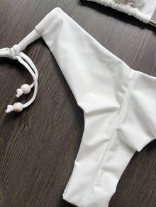 Summer Resort & Beach Plain Color Halter Neck Bikini Set - White - View 3