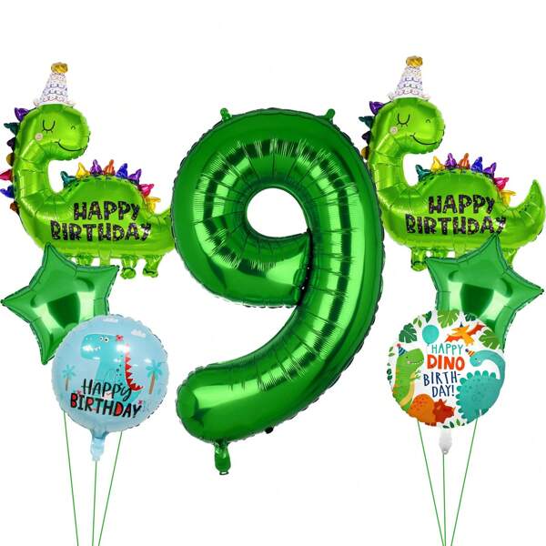 Conjunto de balões de dinossauro 7 peças, número de aniversário de dinossauro, balão de mylar, suprimentos para festa de dinossauro, decoração de aniversário de dinossauro - número 9