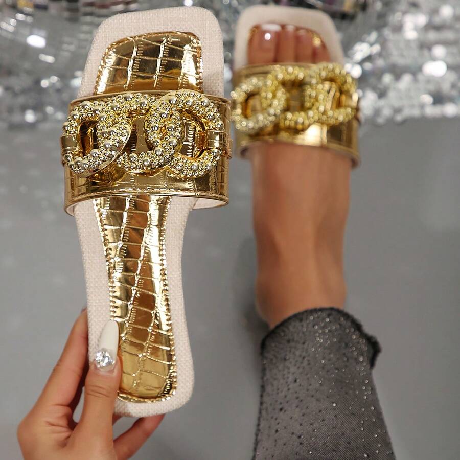 Women's Flat Square Toe Anti-Slip Beach Slippers - Gold Buckle - View 1