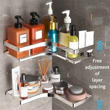 2pcs Corner Wall Shelves - Stainless Steel Material, Easy Installation Without Drilling, Excellent Load Capacity, Suitable For Hotel Bathroom, Home Bedroom, Kitchen And Pantry Storage, Household Essential Item