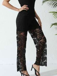 Dark Style Lace Contrast Mesh Long Pants, Minimalist And Fashionable, Suitable For Summer - Black - View 6
