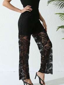 Dark Style Lace Contrast Mesh Long Pants, Minimalist And Fashionable, Suitable For Summer