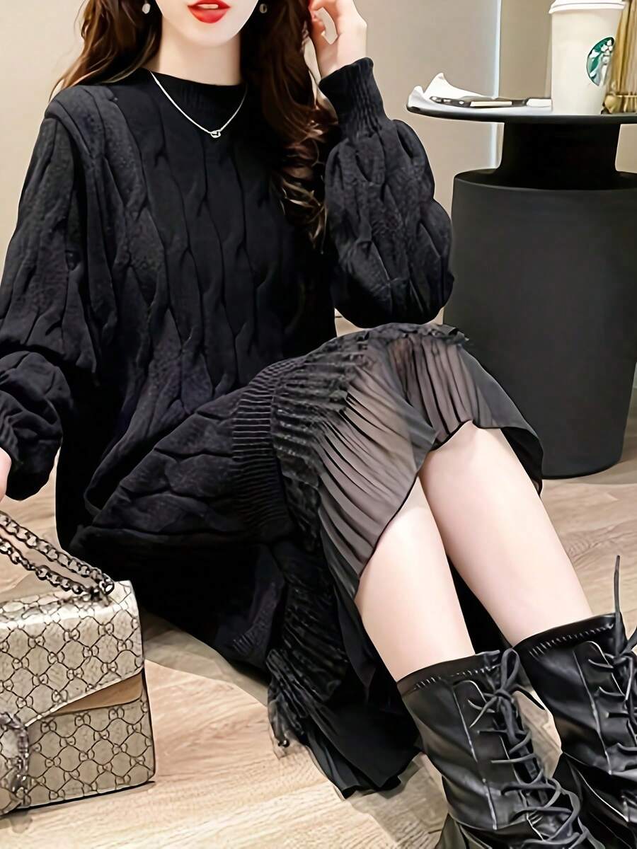 Lace Patchwork Sweater Outfit, Twisted Sweater Outfit - 黑色 - 查看 1