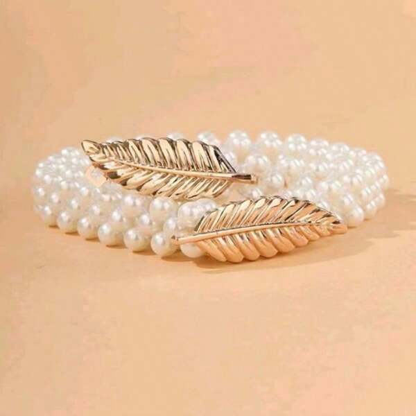 Gold Metal Leaf & Faux Pearl Elastic Waist Belt/Chain Summer, School Fall, Autumn, Halloween