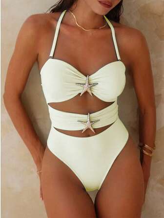 2026 Nueva llegada, elegante traje de baño de mujer, bikini de playa, conjunto de playa de verano, Día de San Valentín, Carnaval, sexy traje de baño blanco marfil de una pieza, tela de nailon sólida de alta elasticidad cómoda, moda traje de baño con escote halter y espalda descubierta con diseño de estrella de mar, atuendo casual sexy para vacaciones de playa, fiesta de piscina, sigue la tienda, comparte talla grande grandes productos, esperando tu reseña positiva