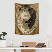 1 Pc Vintage Sun, Moon, Lucky Cat, Constellation, Letter, Boho Style Printed Tapestry Wall Hanging Decor, Living Room, Bedroom, Office, Dorm, Home Party, Rectangular Kitchen Wall Decor Fabric With Drape, Includes 3 Pins And 2 Clips