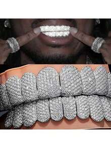 1pc/2pcs Hip Hop Men's Cubic Zirconia Grillz Teeth Grillz, 8 Top And Bottom Teeth Grills Teeth Hip Hop 3d Cubic Zirconia Tooth Grills, Top & Bottom Teeth Grills, Suitable For Men And Women Halloween - Big Diamond Silver - View 1