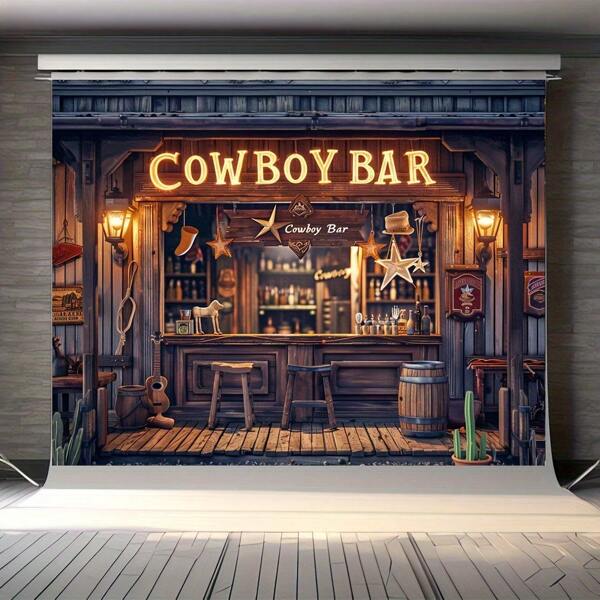Vintage Western Bar Background Banner - Homer Themed Party Decor, Includes Wooden Bar, Barrels And Stools - Perfect For Autumn/Winter Events
