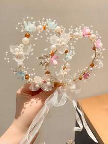1 件女孩珍珠花头带带丝带，手工制作的波西米亚风发饰，适合节日、旅行、派对、婚礼、拍照