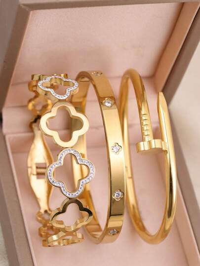 18K Gold Plated Stainless Steel Stackable Bracelet With Chain And Clover Design, Fashion Style For Women, Suitable For Casual, Party, Holiday, Birthday, Wedding, Gift Valentines,Mom,Mother,Mother's Day,Gift