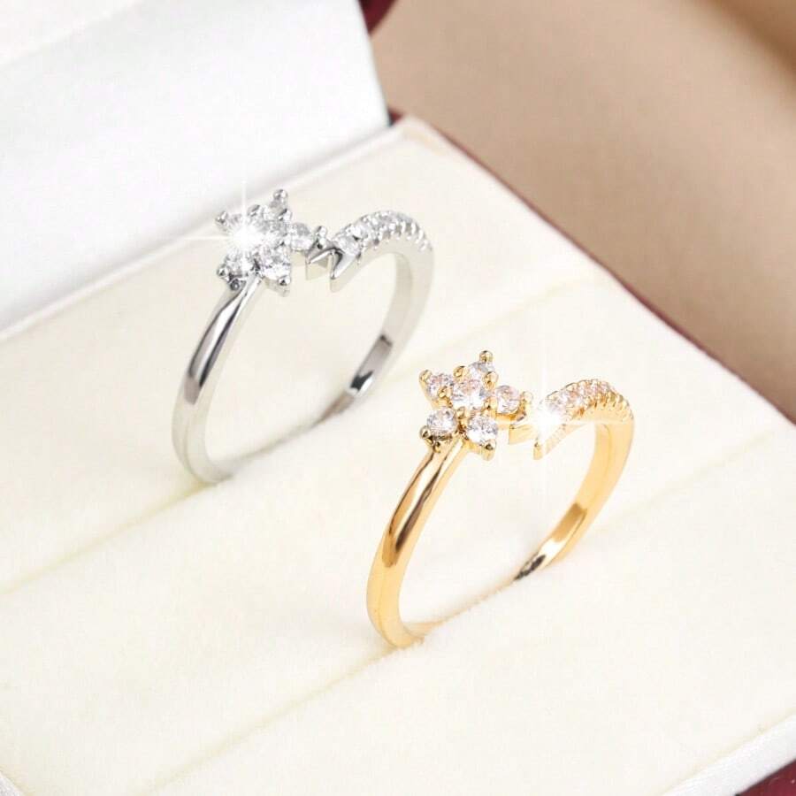 1pc Women Elegant Flower Design Zirconia Ring, Suitable For Daily Wear And Gift