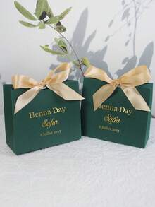 Personalized 'Henna Day' Mini Gift Box In Emerald Green With Gold/Green Ribbon, Customized With Name And Date, Perfect For Candies And Small Gifts, Ideal For Pre-Wedding Celebrations For Him Her, Friends, Pets, Son, Daughter For Anniversaries, For Valentine's Day, For Mother's Day, For Birthdays, For Children's Day, For Father's Day, For Graduation, For Weddings, For Housewarming Living Room, Bedroom, Office, Tea Room, Home, Christmas,Gala Night - Green Box Henna Day Customization - View 4