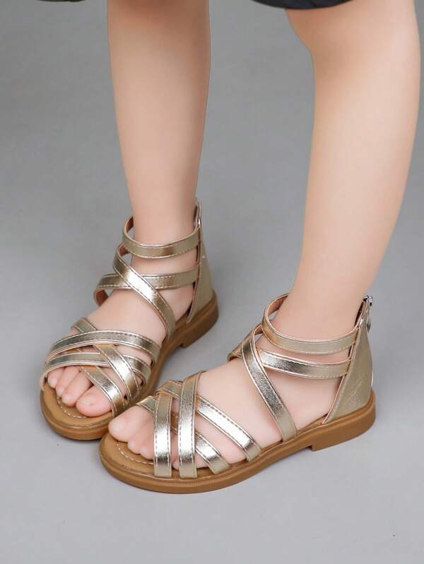 1 Pair Summer New Fashion Solid Color Back Zipper Roman Sandals, Girls Princess Soft Bottom Fashionable Flat Sandals, Suitable For Kids Beach Play And Daily, Dancing Outfit