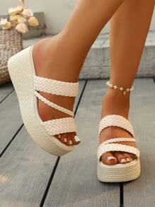 女士夏季编织露趾厚底坡跟一脚蹬凉鞋，舒适休闲日常百搭时尚