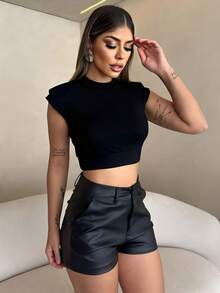 Women's Black Leatherette High Waist Shorts – Style And Elegance - 黑色 - 查看 2