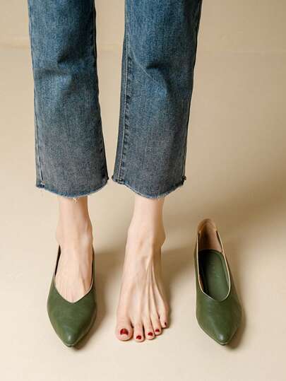 Sapatilhas Femininas de Bico Fino Verdes Estilo Francês, Sapatos Casuais de Slip-On para Primavera e Outono, Sapatos Planos de Couro Macio Antiderrapante, Versáteis