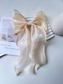 1pc Black Mesh Super Bow Wave Ribbon Spring Hair Clip, Elegant Soft Decoration Suitable For Daily Wear - Black - View 6