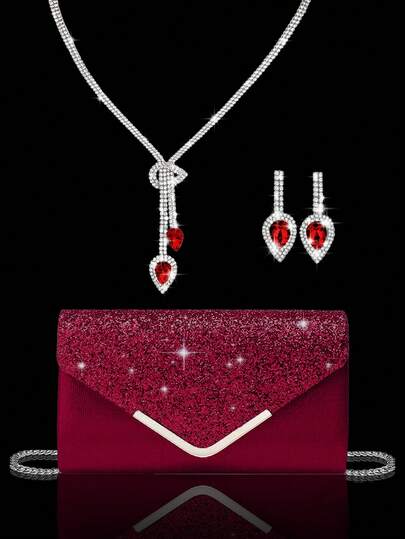 女士水钻晚宴手包，4 件套水钻耳夹新娘婚礼颈链手链吊坠，闪亮钱包，非常适合派对、婚礼、舞会、晚宴/宴会、婚纱、正式服装、舞会礼服、生日礼服