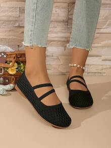 女士休闲圆头平底一脚蹬鞋，舒适透气轻便纯色优雅交叉带，适合室内/室外所有季节