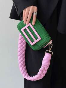 "2025 Petite Woven Phone Bag – Elegant Chain-Strap Mini Shoulder Bag (Signature Square Silhouette With Statement Strap)" - Green - View 4