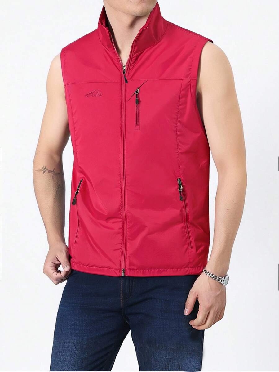 1 件装男士户外红色无袖运动夹克，带立领和刺绣，舒适钓鱼背心，夏季