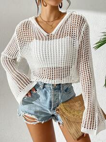 Women's Casual Vacation Solid Color Hollow-Out Knitted Cover Up With Hoodie, Long Sleeve Top - White - View 5