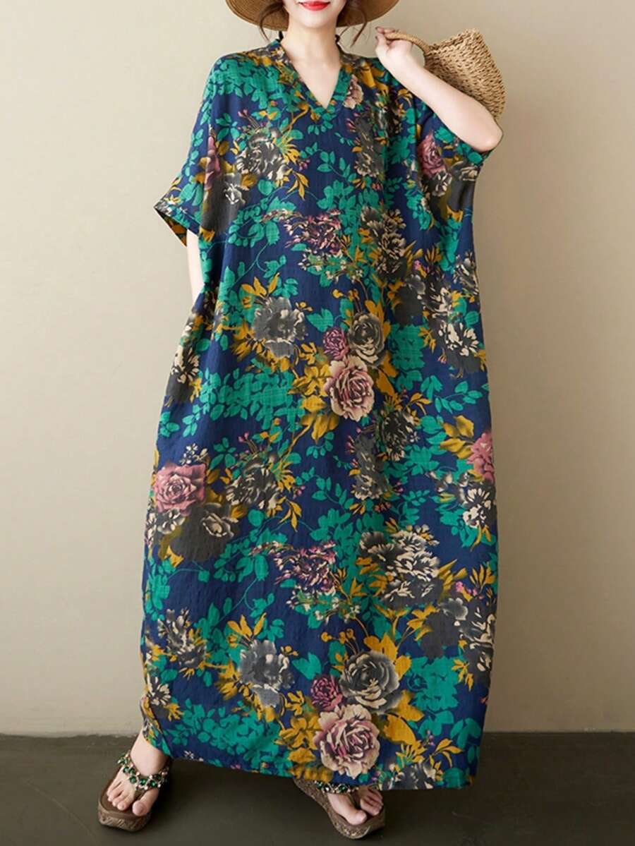 Tops, Light Dress,Green Flower Dress, Elegant Women's Dress, Beach Dress, Women's Dress, 2025 Summer V-Neck Short Sleeve Full Skirt, Bohemian Casual Holiday Dress, Sleeping Dress - Green - View 1