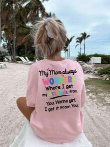 Tween Girls Student Casual Pink Printed Round Neck Short Sleeve T-Shirt, Summer Top - Pink - View 5