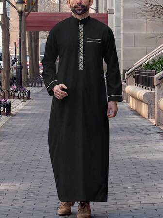 Islamic Muslim Arabic Men's Robe Long Sleeve Embroidered Stand Collar Arabian Thobe For Men