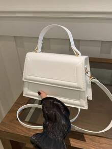 1个新款迷你时尚手提包，纯色纹理PU材质翻盖方形手提包，简约西式百搭通勤优雅单肩包，配有可拆卸可调节肩带