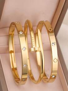 3pcs Fashion 18K Gold Plated Stainless Steel Four-Leaf Clover Nail Bracelet, Suitable For Women's Party, Daily Wear, European And American Style, Personalized, Generous, Luxury Cubic Zirconia Wristband, Wedding Jewelry Set, Gift For Girls, Women, Relatives, Friends, Beautiful Wedding, Birthday, Valentine's Day, Mom, Mother, Mother's Day, Gift
