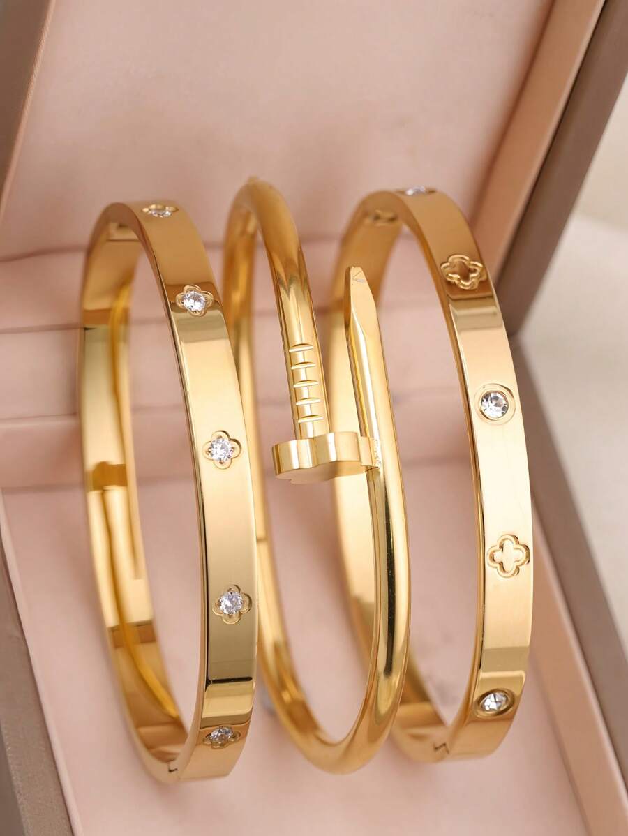 3pcs Fashion 18K Gold Plated Stainless Steel Four-Leaf Clover Nail Bracelet, Suitable For Women's Party, Daily Wear, European And American Style, Personalized, Generous, Luxury Cubic Zirconia Wristband, Wedding Jewelry Set, Gift For Girls, Women, Relatives, Friends, Beautiful Wedding, Birthday, Valentine's Day, Mom, Mother, Mother's Day, Gift