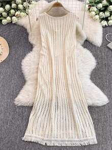 女式无袖蕾丝流苏针织罩衫，长款，开衩镂空设计，夏季分层背心 - 杏色 - 查看 2