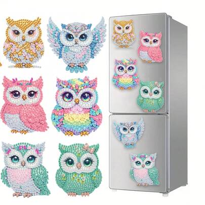 6pcs Diamond Art Refrigerator Magnets, Colorful Owl Diamond Painting Decor DIY Diamond Painting Magnet Set For DIY Crafts Gifts Fridge/Mailbox Decoration