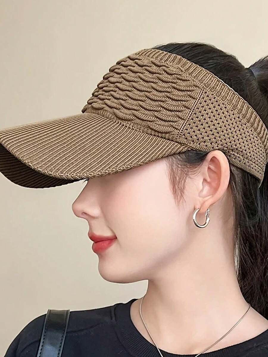 Women's Lightweight Gray Sun Visor Cap - Breathable & Stretchy Polyester, UV Protection, Textured Knit Design With Curved Brim For Running & Outdoor Activities, Hand-Washable, Sun Protection Cap|Textured Knit Cap|Breathable Mesh Visor