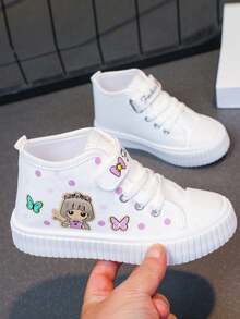 新款女童卡通图案低帮滑板鞋，时尚儿童校园运动鞋，大童魔术贴舒适跑步鞋，春夏款，蝴蝶图案，情人节款 - 白色 - 查看 2