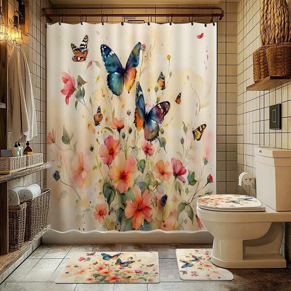 1/4pcs Butterfly Themed Bathroom Set, Includes Shower Curtain, Bath Mat, U-Shaped Toilet Mat, Toilet Lid Cover, Waterproof Shower Curtain, Bathroom Decor Accessories, Modern Style Fabric Curtain, Rust-Proof Grommets, Machine Washable Back To School
