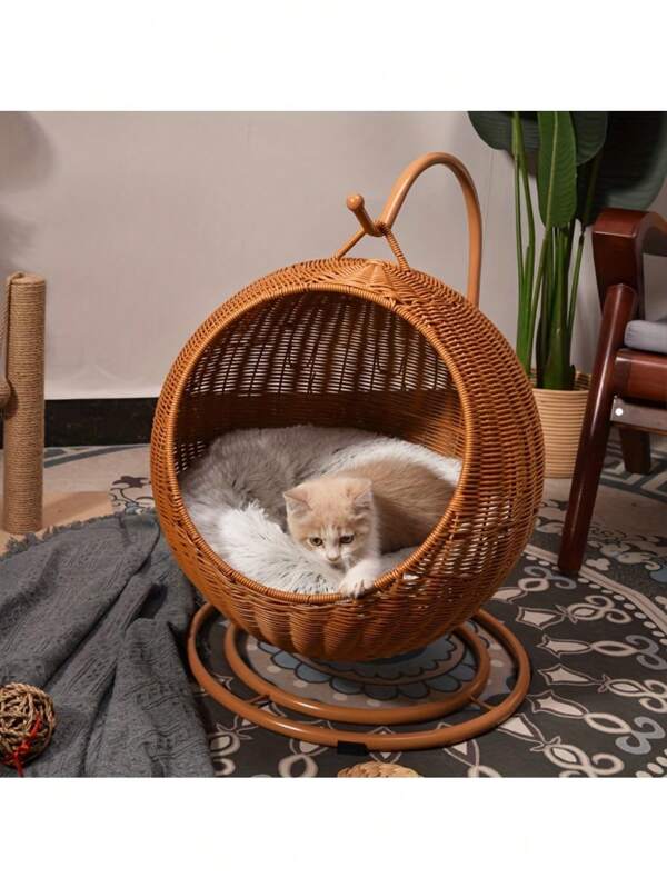 1 pieza Cama multifuncional para mascotas de 4 estaciones - Hamaca de ratán para gatos/perros con cojín extraíble, estilo retro, fácil montaje