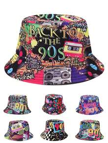 1pc Unisex Fashion Hip-Hop 90s 80s Pattern Reversible Lightweight Bucket Hat, Vintage Streetwear Casual Bucket Hat - A - View 1