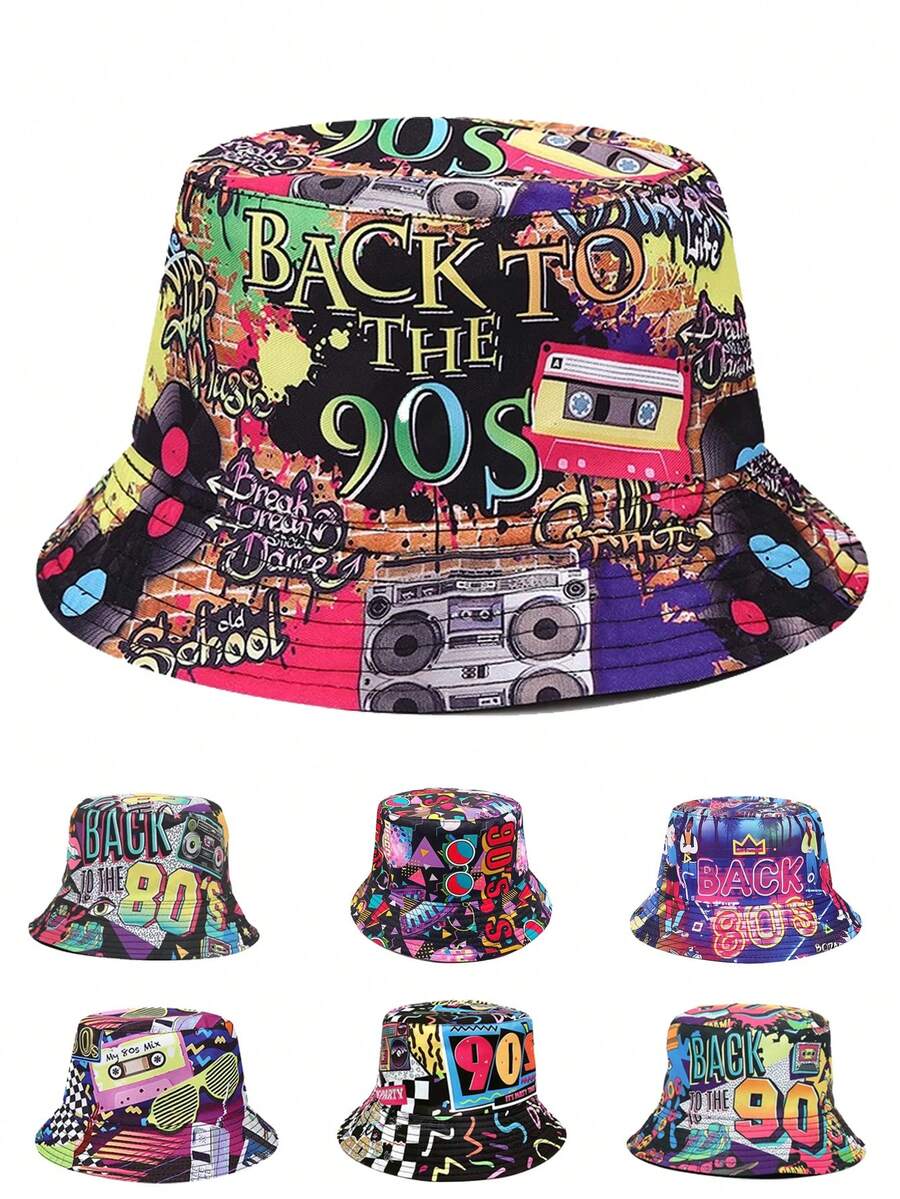 1pc Unisex Fashion Hip-Hop 90s 80s Pattern Reversible Lightweight Bucket Hat, Vintage Streetwear Casual Bucket Hat - A - View 1