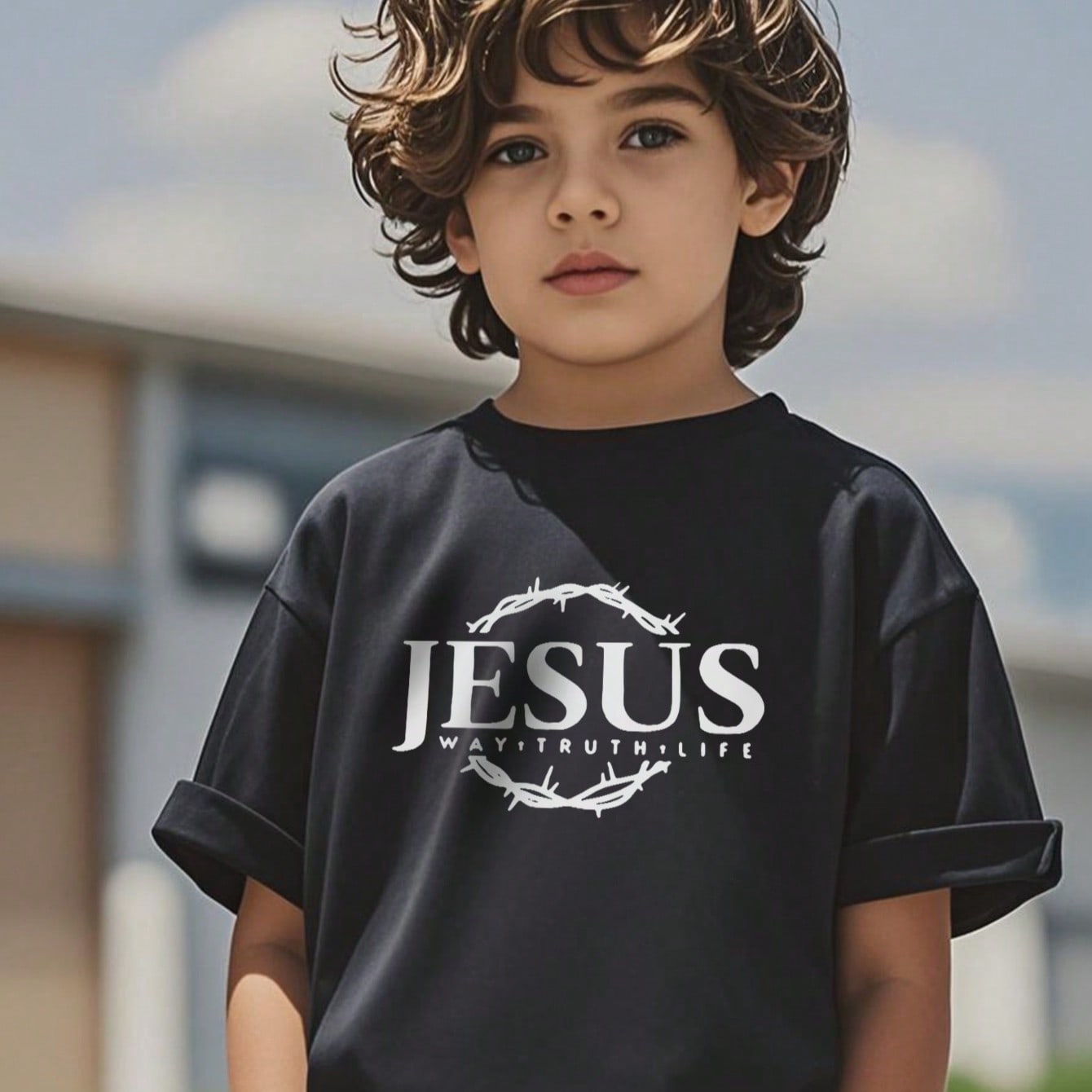 Camiseta de manga corta para niños con estampado de la corona de espinas "El Camino, la Verdad, la Vida" de Jesús, estilo casual de fe y calle para
