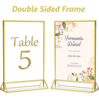 Conjunto de 5 Suportes para Placas: Suporte transparente em acrílico dourado, moldura dourada para fotos 10x15cm, suporte dupla face para flyers, molduras douradas em acrílico, suporte transparente dupla face para cardápios, ideal para casamentos, aniversários, decoração de mesas, decoração de casa, decoração de quartos, presentes de formatura, decoração de festas, despedida de solteira, suporte para exibição de números de mesa em escritórios e restaurantes.