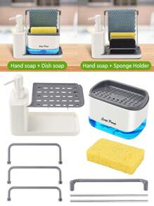 1pc Handmade And Dishwashing Soap Dispenser Set With Tray, Double Soap Dispenser With Sponge Rack And Dishoth Rack 5 In 1 Storage Rack, Suitable For Kitchen Sink Countertop Storage Rack - Practical Kitchen Gadgets