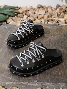 女士时尚舒适铆钉装饰黑色坡跟鞋和厚底乐福鞋 - 黑色 - 查看 3