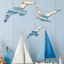 Decorate 3 And 1 Pieces Of Wood, Nautical Decoration, Seagull Wall Decoration, Nautical Coastal Theme Wall, Art Adhesive, Seagull Wall Sculpture, Seabird Lake House, Ocean Decoration, Retro Decoration, Family Bathroom - Blue - View 3
