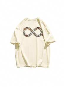 重磅 100% 纯棉时尚品牌印花宽松休闲短袖 T 恤，夏季甜美风格，百搭上衣 - 杏色 - 查看 9