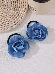 2pcs/4pcs Girls Blue Floral Hair Ties & Clips Set - Blue - View 3