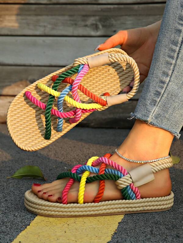 Latest Bohemian Thick-Sole Beach Sandals, Colorful Woven Rope Braided Roman Sandals For Outdoor, Home, Beach Use In Summer, Women