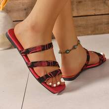 Women's Woven Detail Slides, Fashionable Black Flat Sandals Suitable For Vacation, Comfortable And Slippers For Summer Adventure In Bohemian Style - Red - View 6